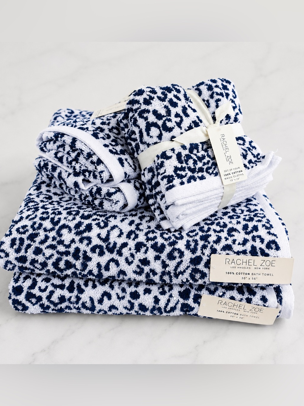 Rachel Zoe Navy Blue & White Leopard Print 8-Piece Cotton Towel Set Reversible